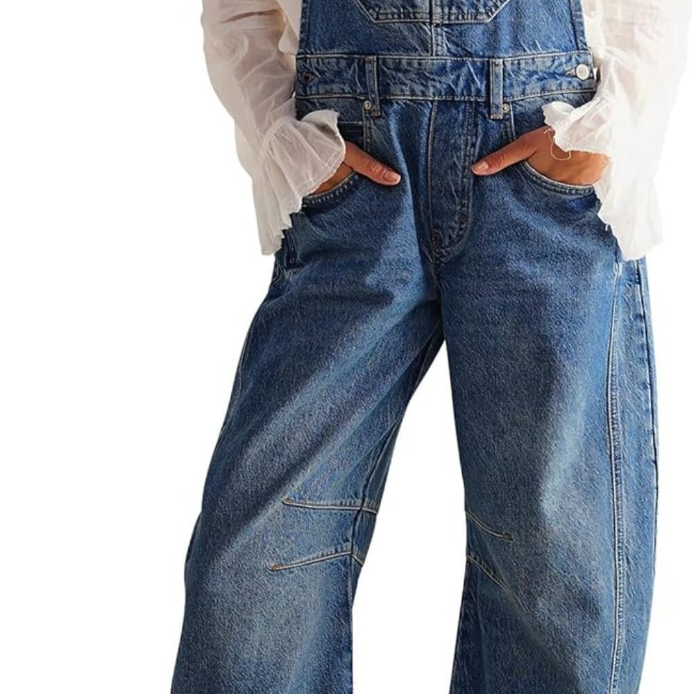 Denim Overalls for Women Barrel Wide Leg Bib Baggy Jeans Adjustable Denim Romper - Picture 1 of 5